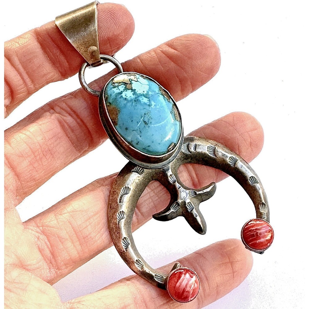 Navajo Naja Pendant Ben YazzieTurquoise 3in Spiny Oyster Squash Blossom 34g BIG